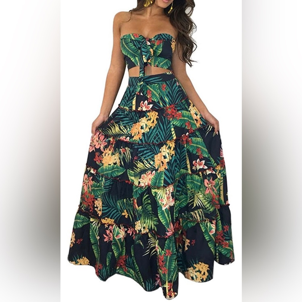 Two piece floral crop top and maxi skirt